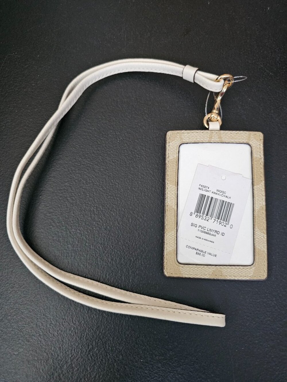 Coach F63274 Signature Canvas ID Lanyard Light Khaki Chalk Gold NWT